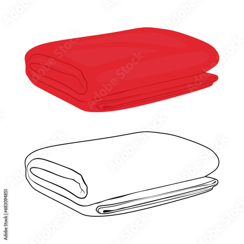 Red blanket. Coverlet for autumn and winter season. Vector folded blankets in flat cartoon and line style. Warming fabric for cold weather. Concept of cozy home, relaxation. Cotton blanket isolated