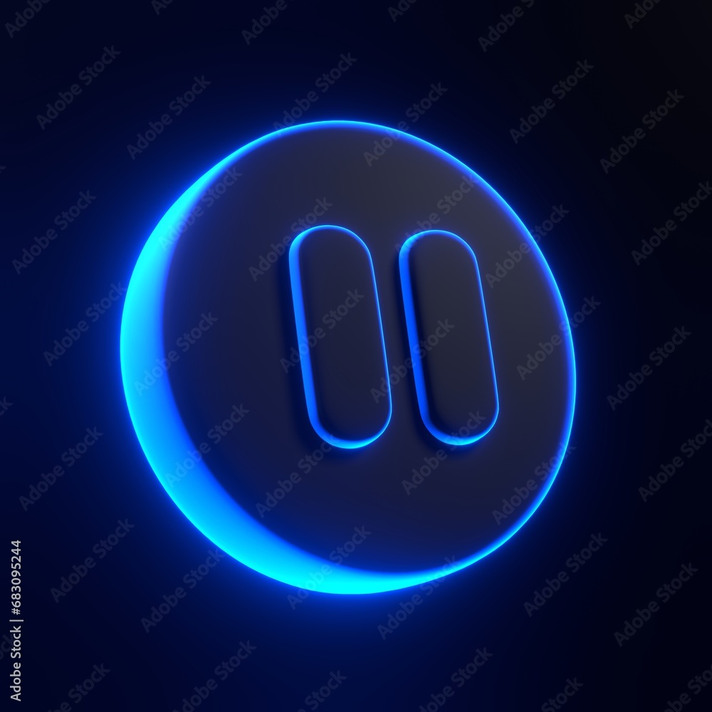 Round pause button with bright glowing futuristic blue neon lights on black background. 3D icon, sign and symbol. Cartoon minimal style. 3D render illustration Round pause button with bright glowing futuristic blue neon lights on black background. 3D icon, sign and symbol. Cartoon minimal style. 3D render illustration