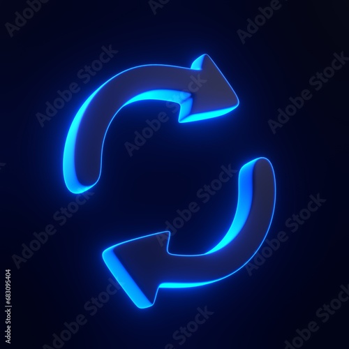 Obraz na plátně Two arrows icon, update symbol with bright glowing futuristic blue neon lights on black background