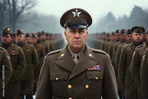world war. portrait of general in front of row of soldiers before battle, retro style photo