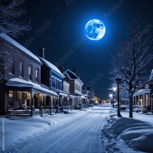 Village at night in the snow