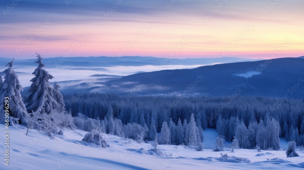 Dawn breaks over a frosty forest, the sky awash in pink and purple over a distant village, creating a serene and breathtaking winter landscape, ideal christmas background