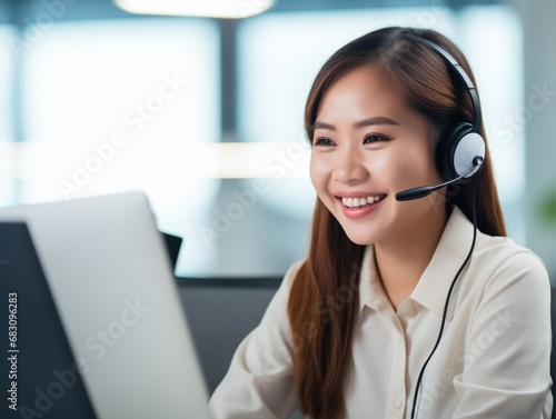 A professional young woman with a headset beams at her screen, indicative of positive customer service in a modern office setting.