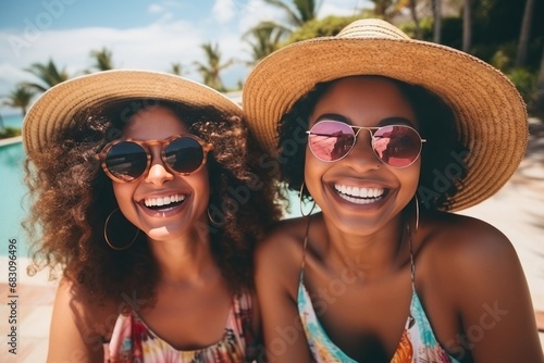 Two multiethnic young women taking selfie on summer vacation. Beautiful diverse girls in colorful sundresses laughing happily. Happy millennial female friends having fun together outdoors. © Georgii