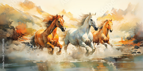 A group of galloping white and brown wild stallions, watercolor illustration.