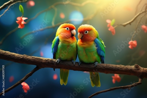 Couple of lovebirds sitting on branch with blurred background, Ai Generated