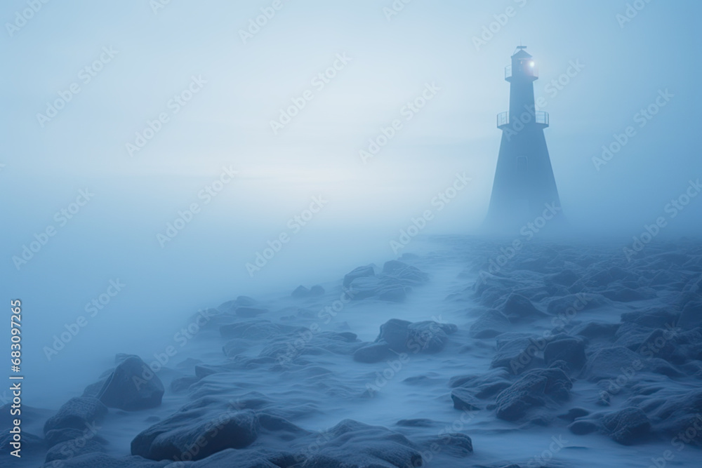 A minimalist lighthouse landscape with a mystical and enchanting mood in a frozen landscape, dense fog