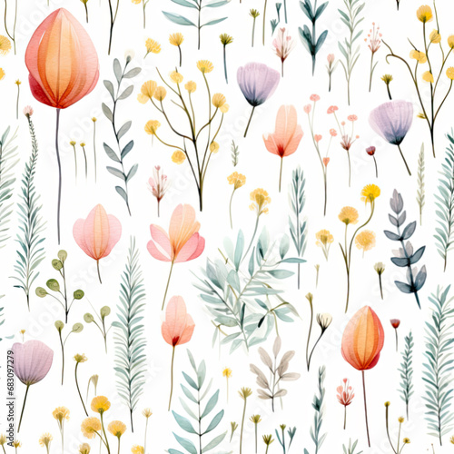 Seamless pattern with minimalistic plants and flowers in watercolor style