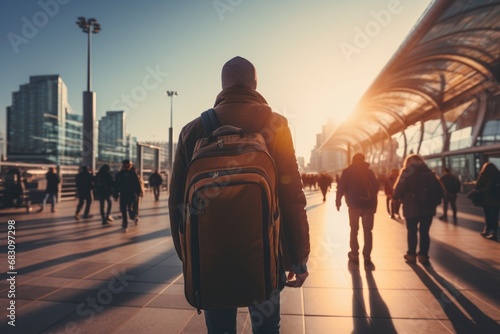 Young man with backpack standing outside airport terminal. Handsome confident student traveler starting his journey in domestic or international airport. Youth tourism, vacation concept. photo