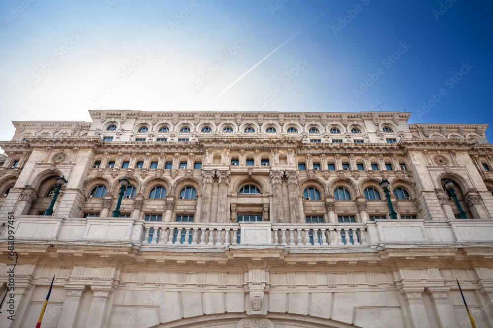 Panorama of the Romanian palace of parliament in Bucharest, symbol of romanian communism, also called Casa Poporului, seen from below in Bucharest, Romania.