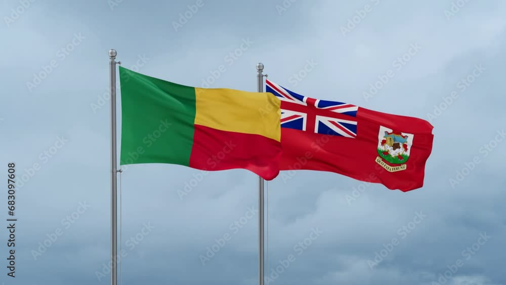 Benin flag and Bermuda or Somers Isles flag waving together on cloudy sky, endless seamless loop Benin flag and Bermuda or Somers Isles flag waving together on cloudy sky, endless seamless loop