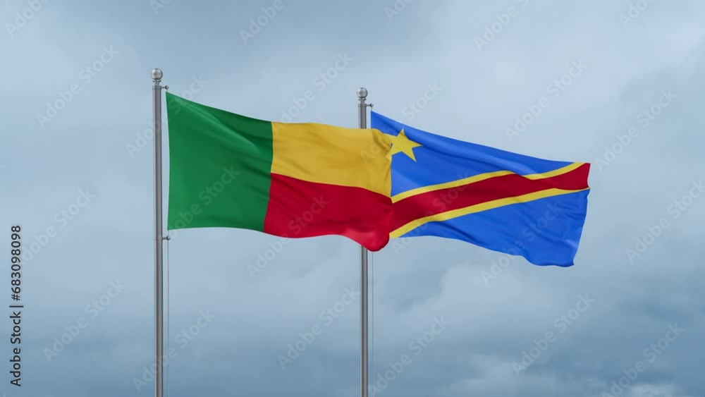 Democratic Republic of the Congo flag and Benin flag waving together on cloudy sky, endless seamless loop, two country relations concept Democratic Republic of the Congo flag and Benin flag waving together on cloudy sky, endless seamless loop, two country relations concept