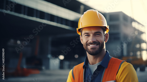 Civil Engineer smiling with Constuction backgrounds, AI Generative. photo