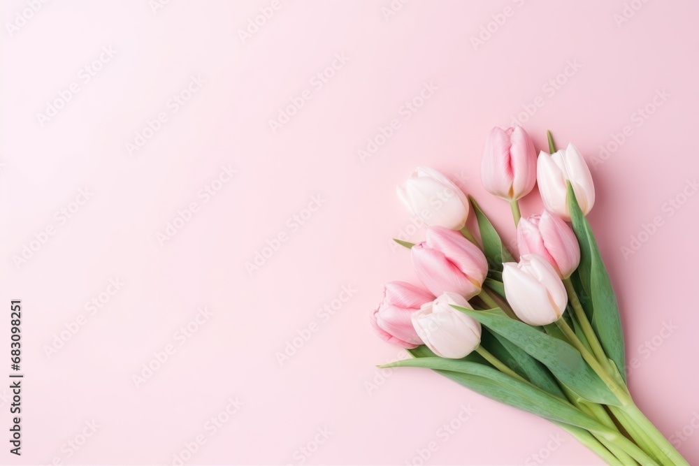 Beautiful composition spring flowers. Bouquet of pink tulips flowers pastel pink background. Valentine's Day, Easter, Birthday, Happy Women's Day, Mother's Day. Flat lay, top view, copy space