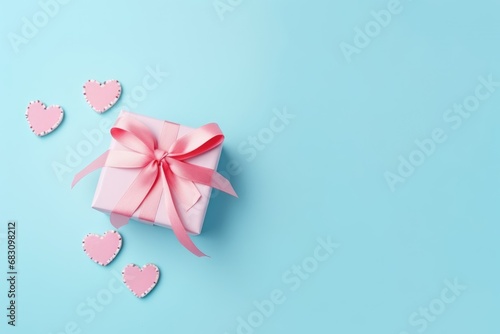 Beautiful composition gift box. Surprise box pastel blue background. Valentine s Day  Easter  Birthday  Happy Women s Day  Mother s Day. Flat lay  top view  copy space