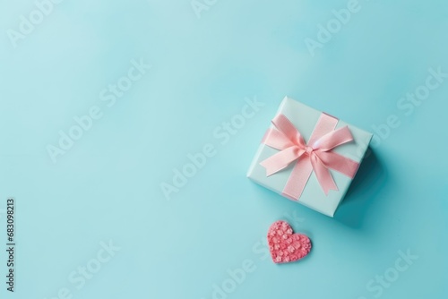 Beautiful composition gift box. Surprise box pastel blue background. Valentine's Day, Easter, Birthday, Happy Women's Day, Mother's Day. Flat lay, top view, copy space