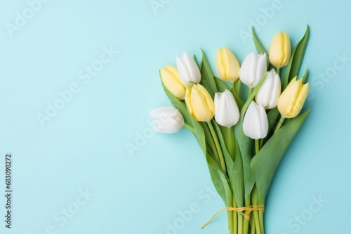 Beautiful composition spring flowers. Bouquet of yellow white tulips flowers pastel blue background. Valentine s Day  Easter  Birthday  Happy Women s Day  Mother s Day. Flat lay  top view  copy space