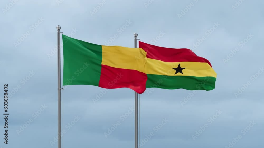 Ghana flag and Benin flag waving together on cloudy sky, endless seamless loop, two country relations concept Ghana flag and Benin flag waving together on cloudy sky, endless seamless loop, two country relations concept