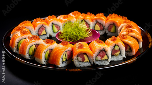 A colorful platter of fresh sushi rolls, AI Generative.