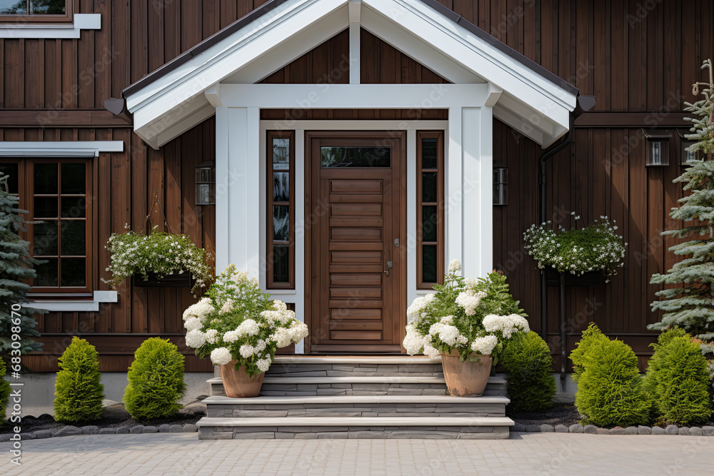 The front door of a wooden house with white flowers in pots.
