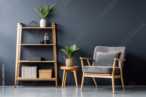 Modern living room interior with armchair and bookshelf. 3d render
