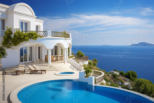 White villa with swimming pool on the background of a blue sky © koala studio