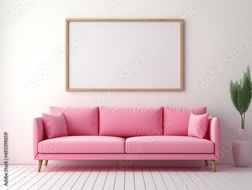 Modern interior with pink sofa and plant. 3d render illustration.