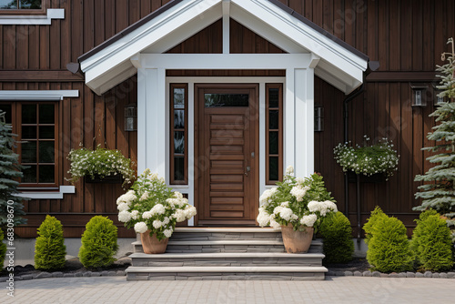 The front door of a wooden house with white flowers in pots.