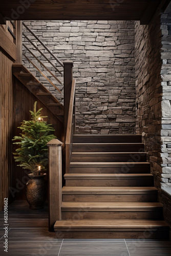 Interior of modern living room with wooden stairs and dark stone wall. 3d render