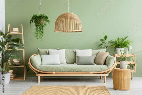 Interior of modern living room with green wall and sofa 3d render
