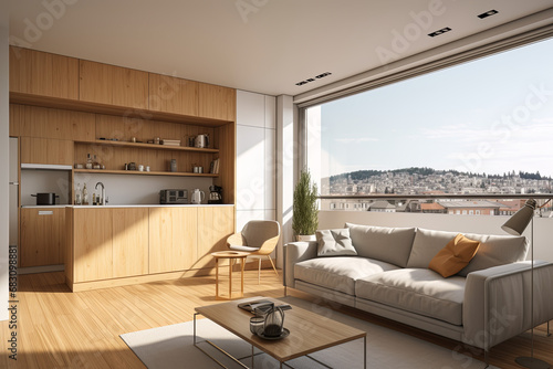 Interior of living room with wooden walls, wooden floor, brown sofa and bookcase. 3d render