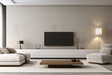 Interior of modern living room with white walls, wooden floor, white sofa and black mock up poster frame. 3d rendering