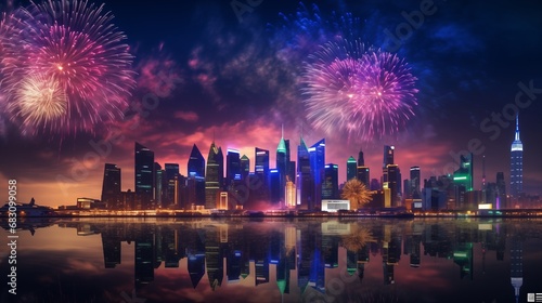 City Lights Exploding in Vibrant Colors: A Mesmerizing Firework Display Over Urban Landscape