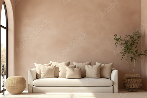 interior with brown wall, sofa and plant, 3d render © koala studio