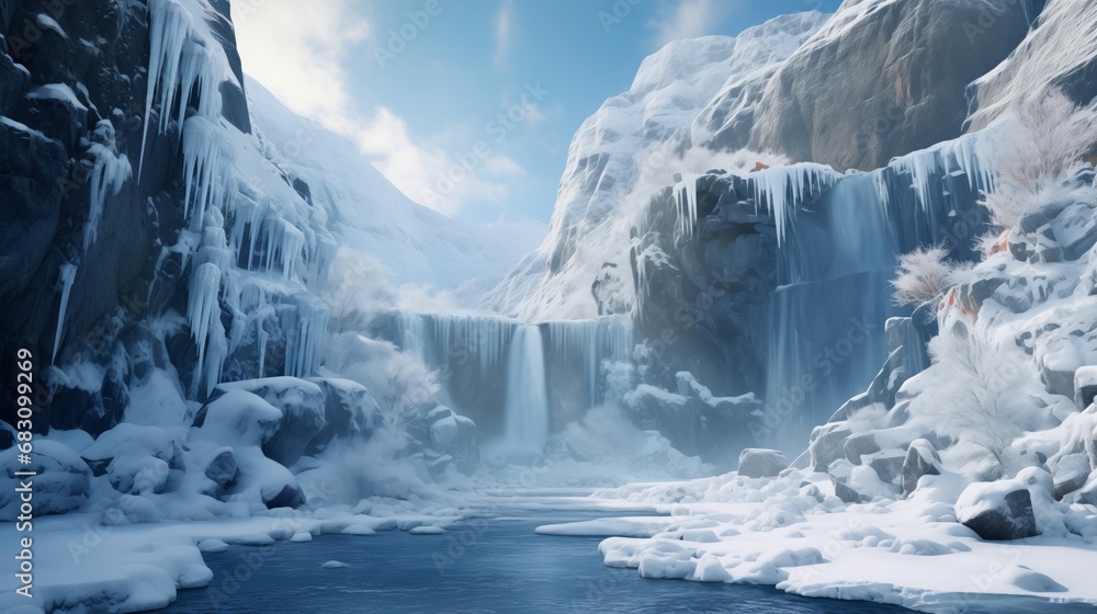 Frozen Majesty: A Breathtaking Waterfall Encased in Icy Splendor