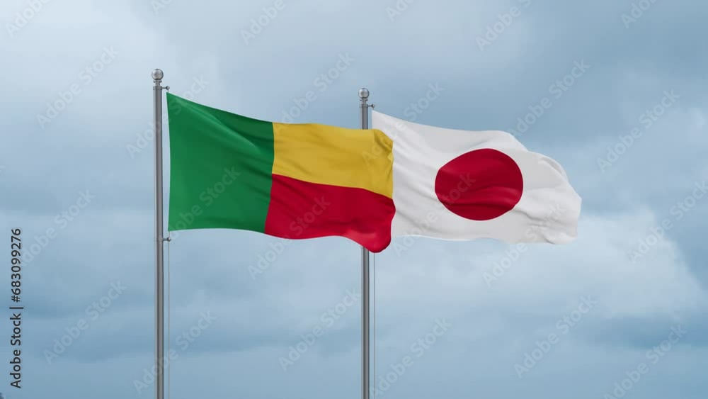 Japan flag and Benin flag waving together on cloudy sky, endless seamless loop, two country relations concept Japan flag and Benin flag waving together on cloudy sky, endless seamless loop, two country relations concept