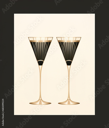Two glasses of champagne, Art Deco style illustration