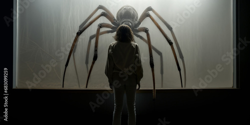 Arachnophobia, surreal view of person looking at big spider on a window