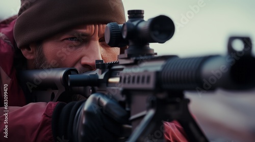 A Determined Man Aiming His Rifle With Precision and Focus