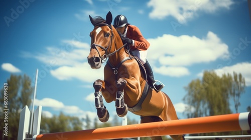 The Majestic Leap: A Horse and Rider Soaring Over an Impressive Obstacle photo