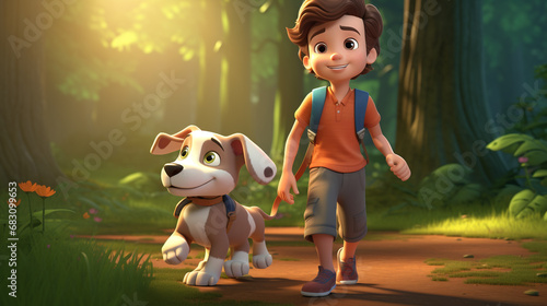 Cartoon illustration of boy and dog playing together
