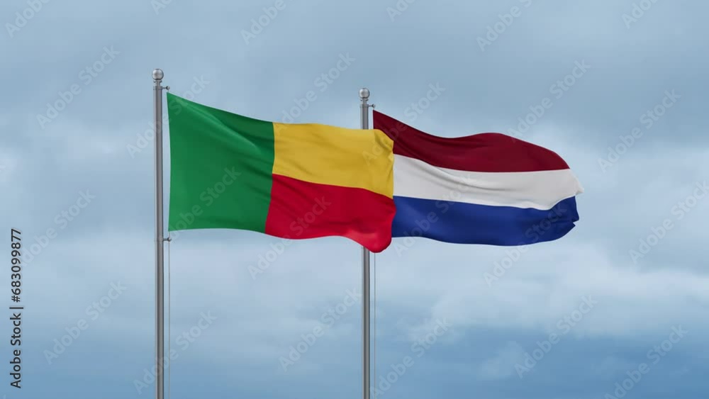 Netherlands flag and Benin flag waving together on cloudy sky, endless seamless loop, two country relations concept Netherlands flag and Benin flag waving together on cloudy sky, endless seamless loop, two country relations concept