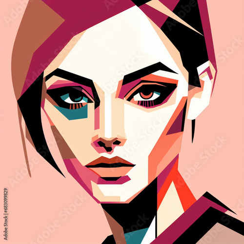 fashion girl,close-up,flat illustration, geometric shapes, look into camera,colorful niji5-- style expressive photo