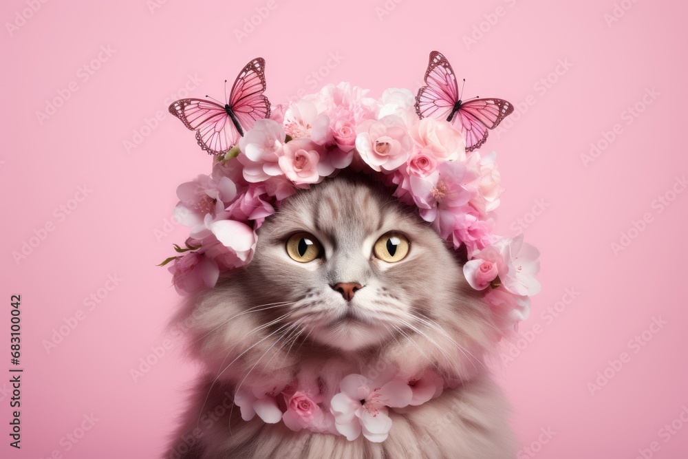 Beautiful cat wearing a crown of flowers and butterflies on pastel pink background. Cute animal with flower wreath and butterfly on his head. Spring female concept Beautiful cat wearing a crown of flowers and butterflies on pastel pink background. Cute animal with flower wreath and butterfly on his head. Spring female concept
