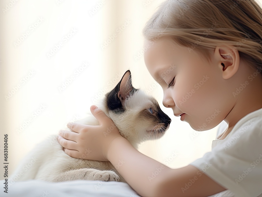 AI-generated closeup illustration of a cat and its female owner, a little girl. MidJourney. AI-generated closeup illustration of a cat and its female owner, a little girl. MidJourney.