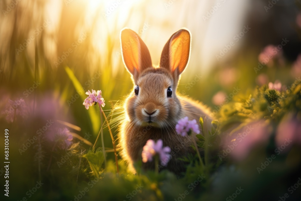 Little bunny hiding in flowers in sunny day. Cute fluffy rabbit on the meadow on warming spring day. Easter greeting card, background, banner, wallpaper with copy space Little bunny hiding in flowers in sunny day. Cute fluffy rabbit on the meadow on warming spring day. Easter greeting card, background, banner, wallpaper with copy space