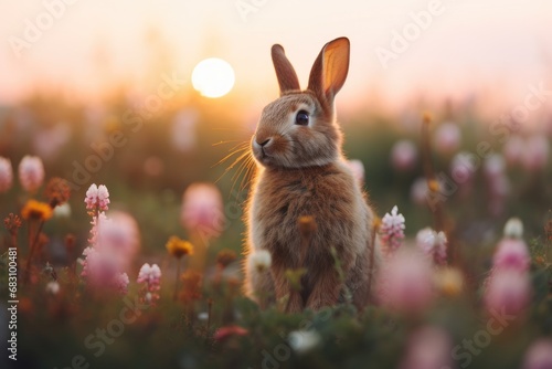 Little bunny hiding in flowers in sunny day. Cute fluffy rabbit on the meadow on warming spring day. Easter greeting card, background, banner, wallpaper with copy space 