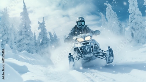 Snowmobile Adventure: Thrilling Ride Through Snowy Landscape with a Brave Rider