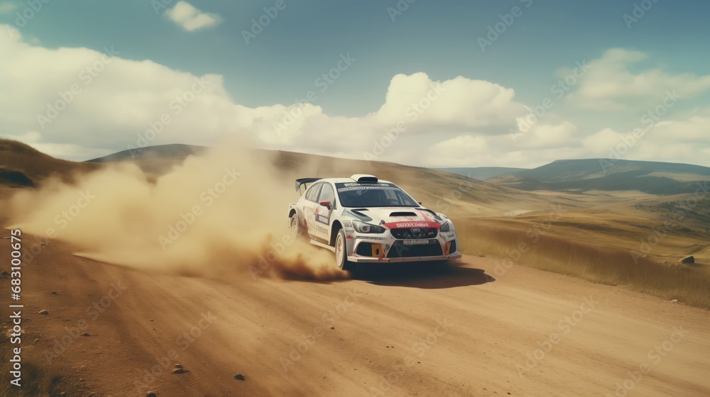 A Lone Car Meandering Through the Vast Desert Landscape A Lone Car Meandering Through the Vast Desert Landscape