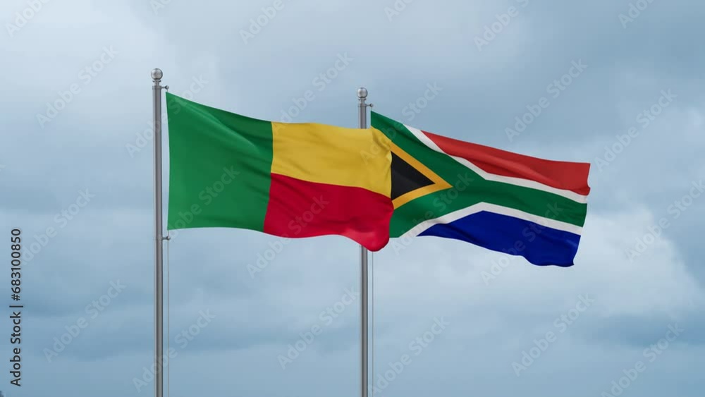 Republic of South Africa and Benin flag waving together on cloudy sky, endless seamless loop, two country cooperation concept Republic of South Africa and Benin flag waving together on cloudy sky, endless seamless loop, two country cooperation concept